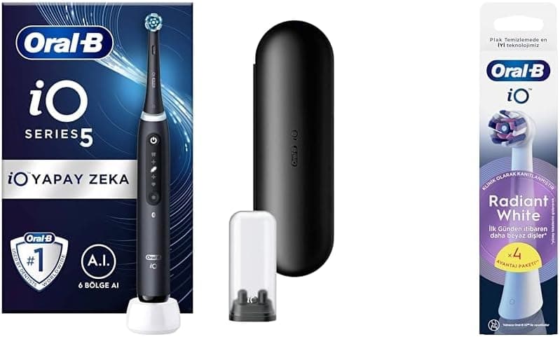 مسواک برقی شارژی مشکی Oral-B مدل iO 5 با فناوری هوش مصنوعی بههمراه 4 عدد سری یدکی سفید iO Radiant White مسواک برقی شارژی مشکی Oral-B مدل iO 5 با فناوری هوش مصنوعی بههمراه 4 عدد سری یدکی سفید iO Radiant White
