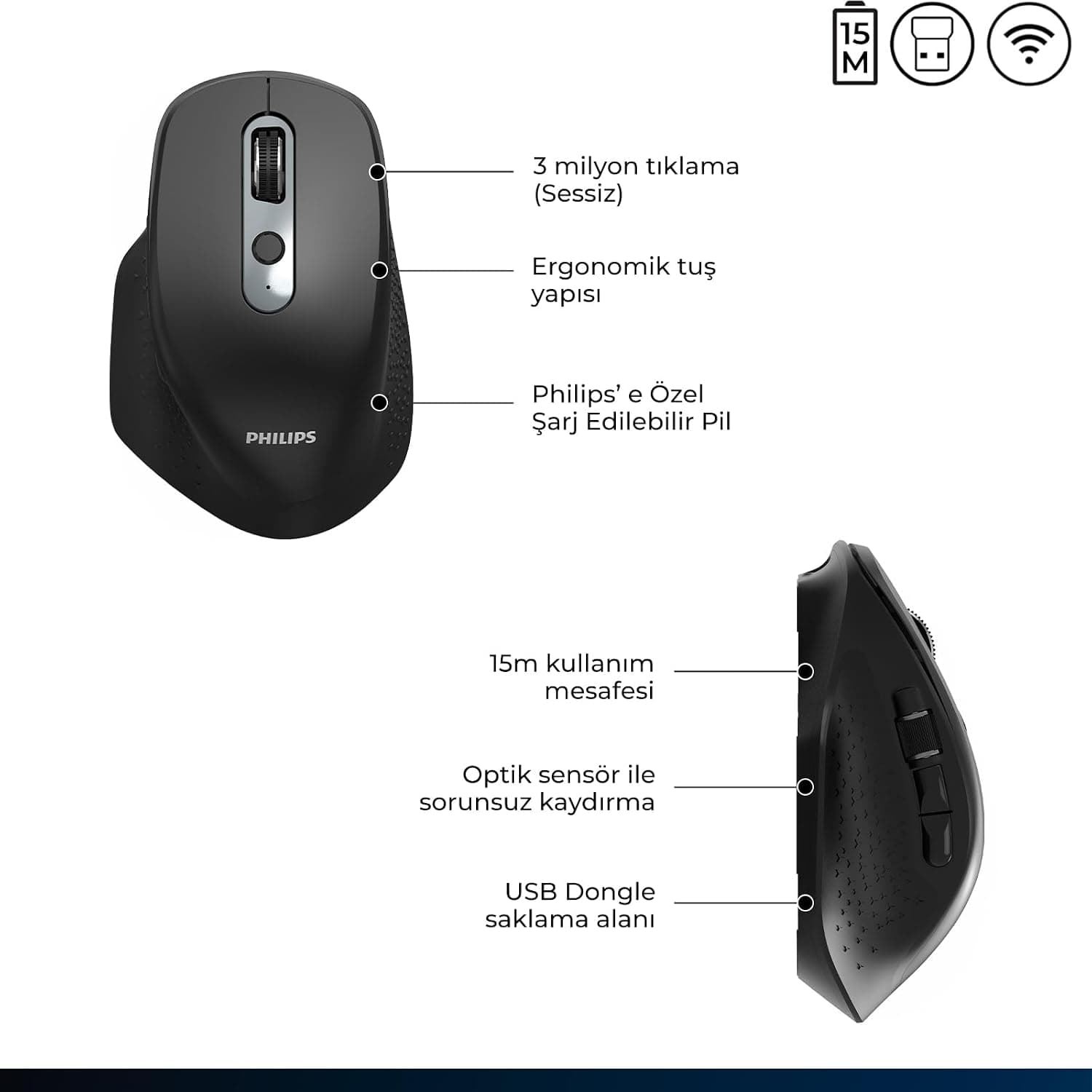 ماوس PHILIPS ارگونومیک بیصدا مشکی 8 کلیده دوحالته Bluetooth و 2.4G مدل SPK7818 با دقت 3200 DPI ماوس PHILIPS ارگونومیک بیصدا مشکی 8 کلیده دوحالته Bluetooth و 2.4G مدل SPK7818 با دقت 3200 DPI