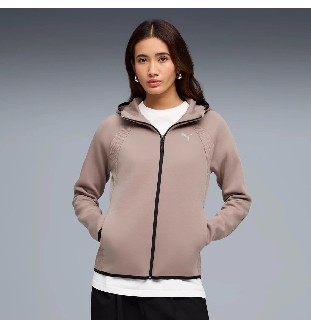 هودی زنانه Puma زیپدار Evostrıpe صورتی پودری مدل 691898 هودی زنانه Puma زیپدار Evostrıpe صورتی پودری مدل 691898