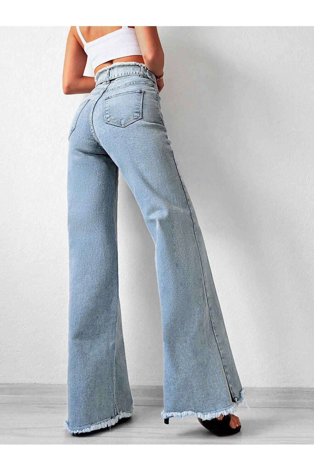 شلوار جین پالازو زنانه Swet Shop Jeans فاقبلند کمردار با ریشریشکاری کمر و دمپا آبی سنگشور برفی شلوار جین پالازو زنانه Swet Shop Jeans فاقبلند کمردار با ریشریشکاری کمر و دمپا آبی سنگشور برفی