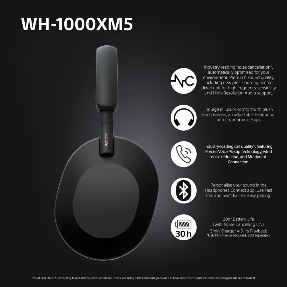 هدفون بیسیم Sony روگوشی حذف نویز مشکی مدل WH 1000XM5 هدفون بیسیم Sony روگوشی حذف نویز مشکی مدل WH 1000XM5