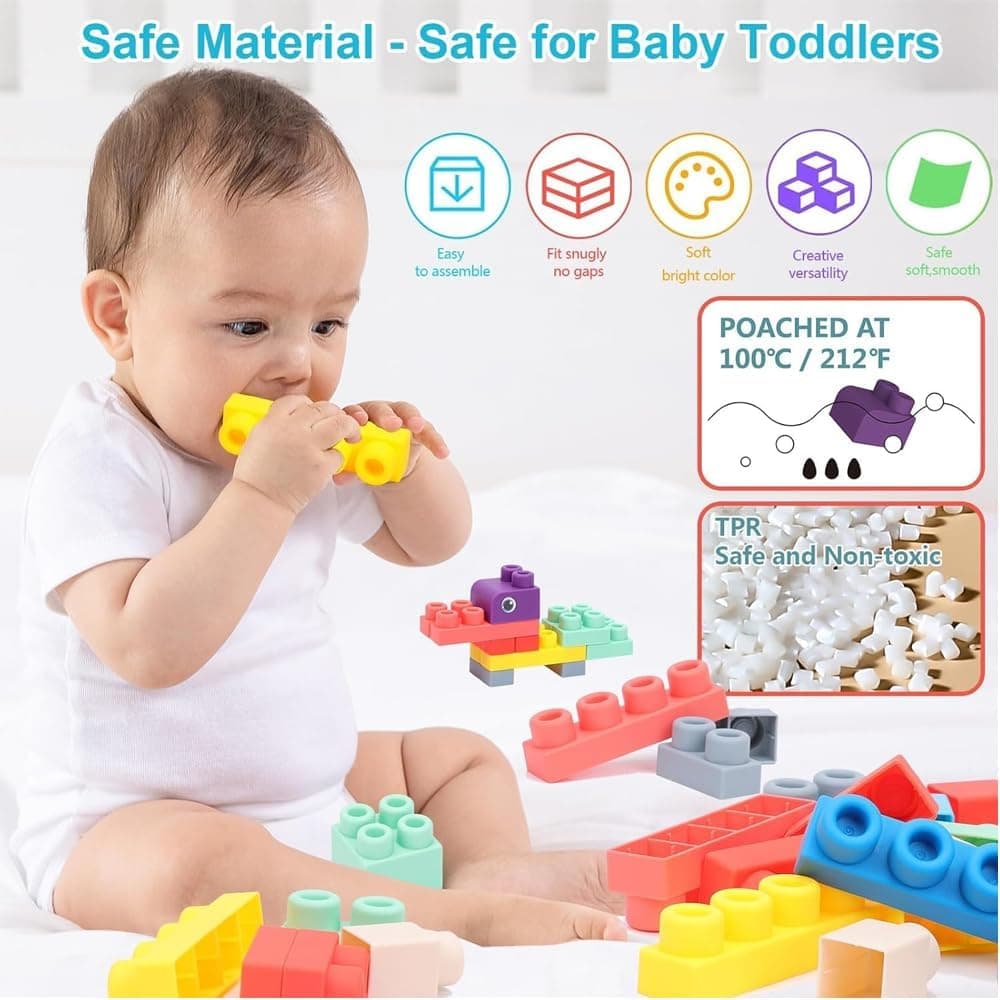 اسباببازی بلوکی ساختنی آموزشی کودک ۱ تا ۳ سال AMERTEER لاستیکی نرم، همراه سطل نگهداری 50Pcs اسباببازی بلوکی ساختنی آموزشی کودک ۱ تا ۳ سال AMERTEER لاستیکی نرم، همراه سطل نگهداری 50Pcs