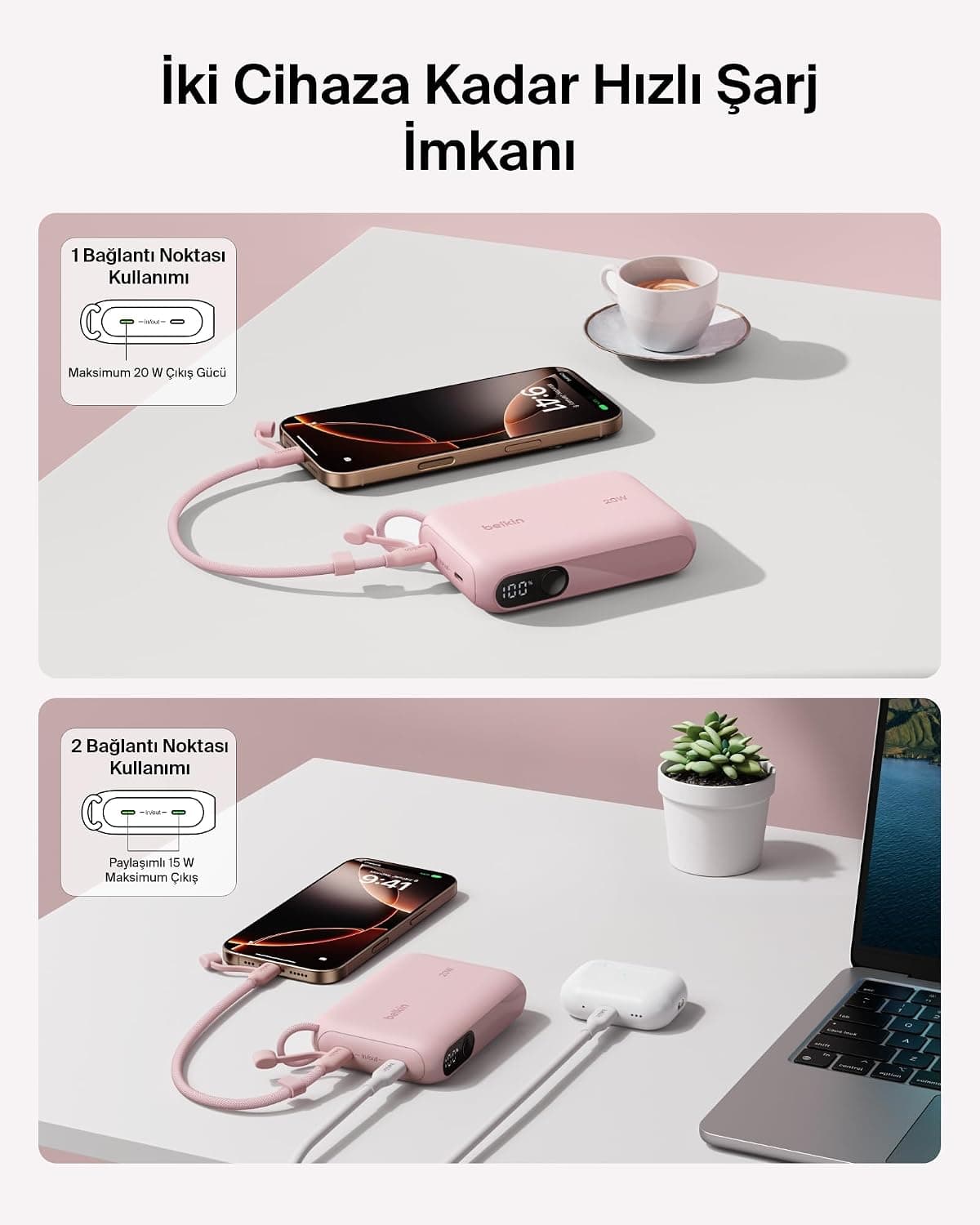پاوربانک Belkin با نمایشگر دیجیتال باتری صورتی مدل BoostCharge 10000 mAh پاوربانک Belkin با نمایشگر دیجیتال باتری صورتی مدل BoostCharge 10000 mAh