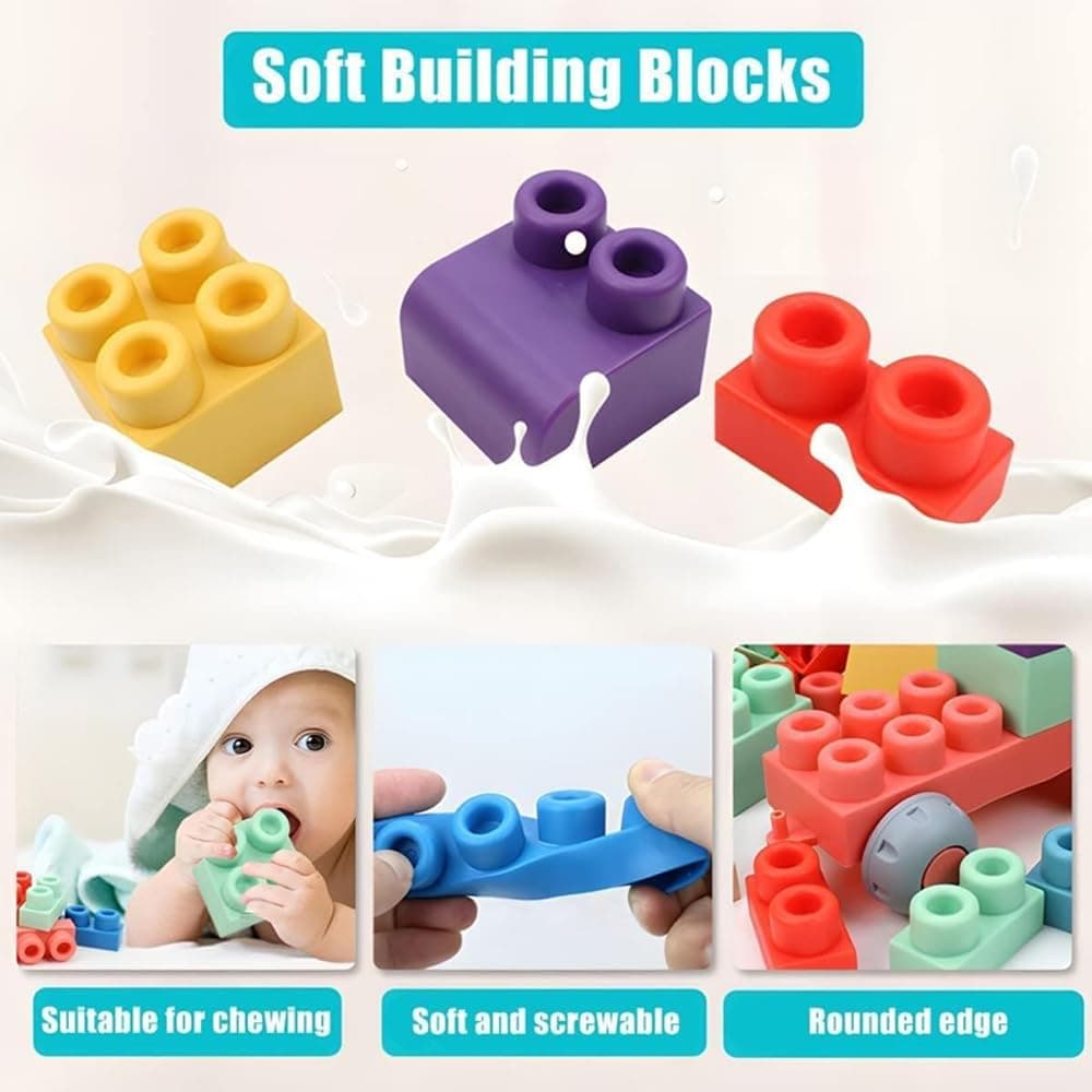 اسباببازی بلوکی ساختنی آموزشی کودک ۱ تا ۳ سال AMERTEER لاستیکی نرم، همراه سطل نگهداری 50Pcs اسباببازی بلوکی ساختنی آموزشی کودک ۱ تا ۳ سال AMERTEER لاستیکی نرم، همراه سطل نگهداری 50Pcs