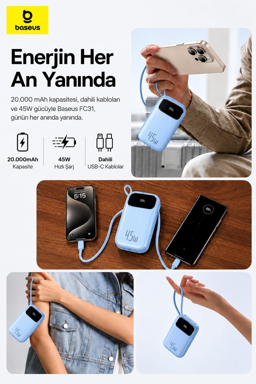 پاوربانک Baseus نمایشگر دیجیتال 20000mAh 45W شارژ سریع آبی مدل EnerFill FC31 پاوربانک Baseus نمایشگر دیجیتال 20000mAh 45W شارژ سریع آبی مدل EnerFill FC31