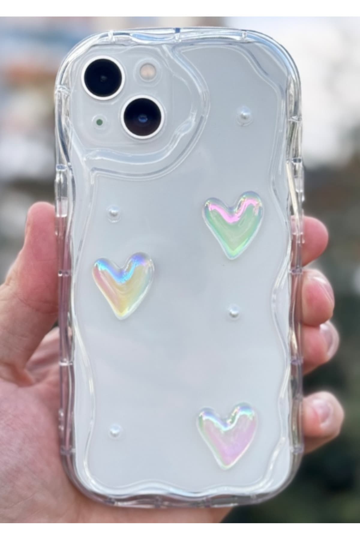 قاب گوشی Fibaks سیلیکونی شفاف طرح قلب و مروارید سه بعدی محافظ دوربین iPhone 13/14 قاب گوشی Fibaks سیلیکونی شفاف طرح قلب و مروارید سه بعدی محافظ دوربین iPhone 13/14