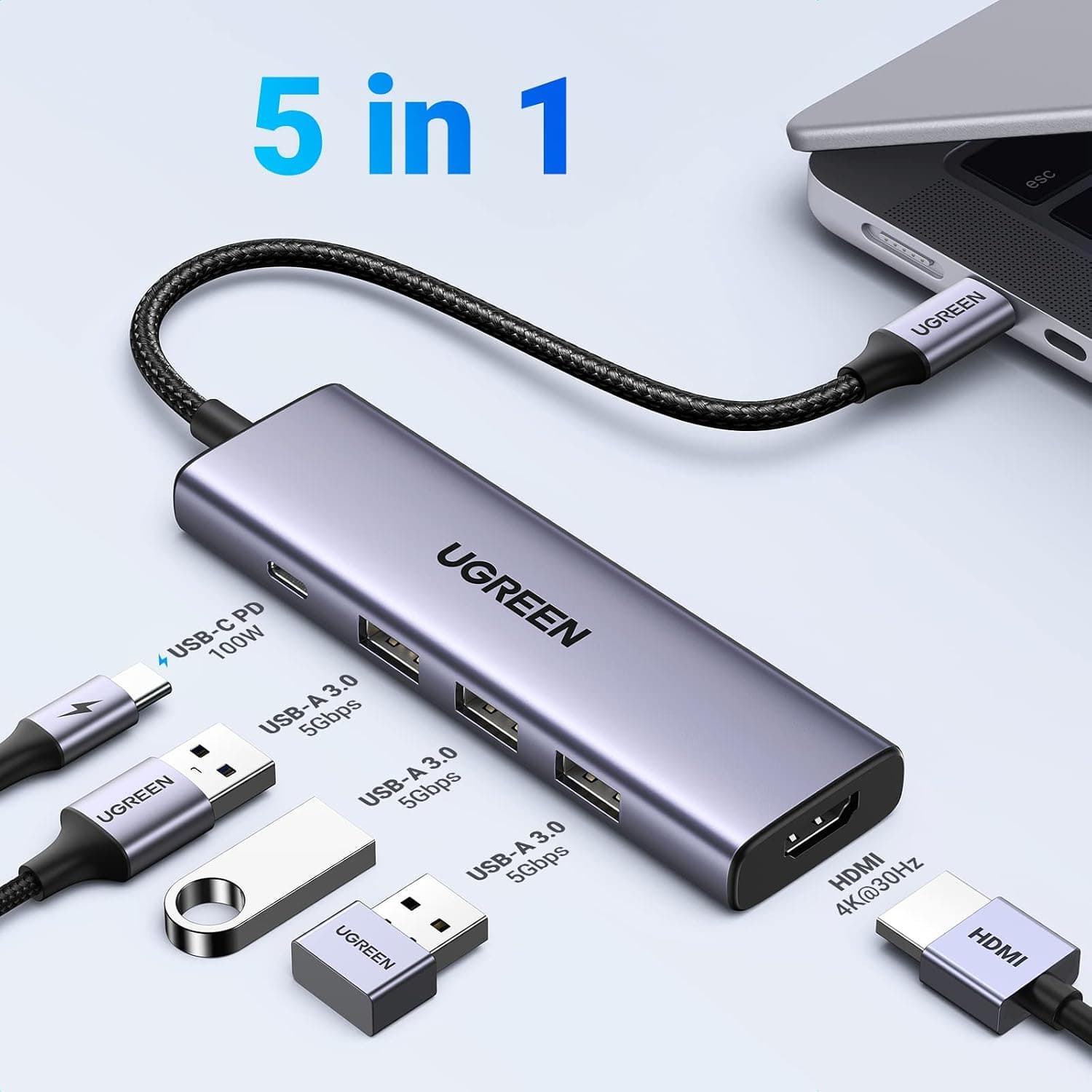 هاب 5 IN 1 USB C UGREEN با HDMI 4K، PD100W و 3 USB A 5Gbps هاب 5 IN 1 USB C UGREEN با HDMI 4K، PD100W و 3 USB A 5Gbps