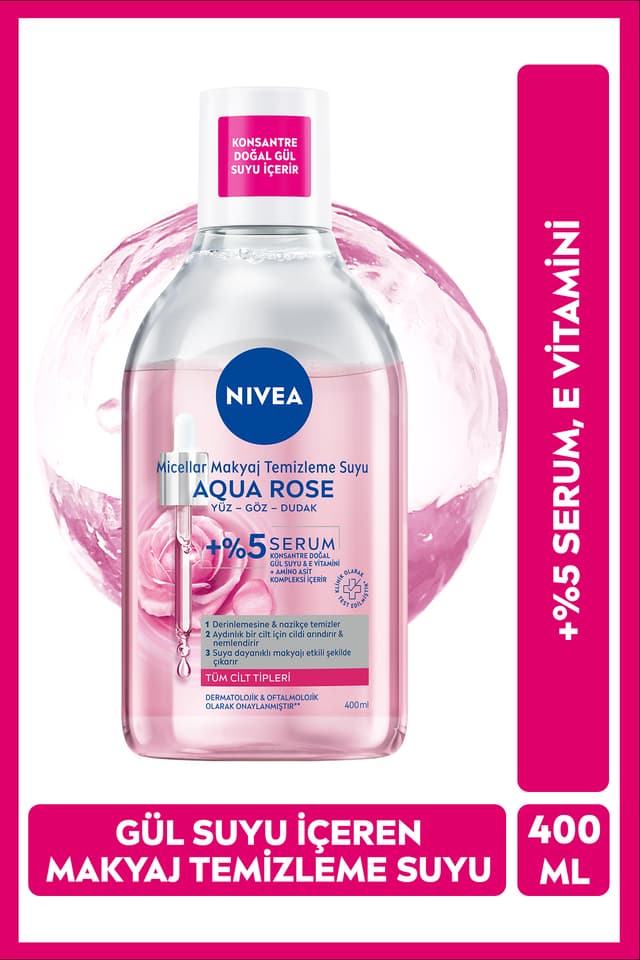 محلول میسلار پاککننده آرایش دوفاز صورت، چشم و لب NIVEA حاوی گلاب Aqua Rose روشنکننده 400ml محلول میسلار پاککننده آرایش دوفاز صورت، چشم و لب NIVEA حاوی گلاب Aqua Rose روشنکننده 400ml