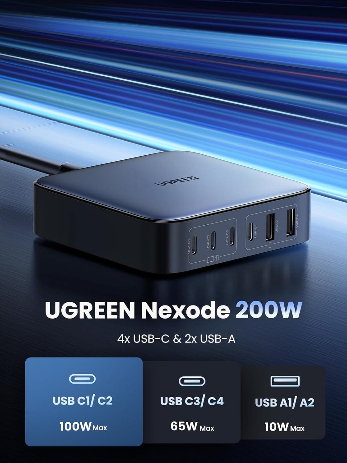 شارژر UGREEN 200W ۶ پورتی USB-C با PD و GaN II شارژر UGREEN 200W ۶ پورتی USB-C با PD و GaN II