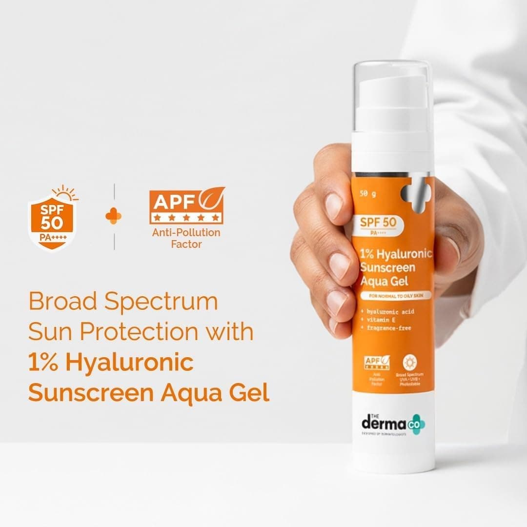 ضد آفتاب The Derma Co 1% Hyaluronic Aqua Gel SPF 50 PA++++ بدون چربی 50g ضد آفتاب The Derma Co 1% Hyaluronic Aqua Gel SPF 50 PA++++ بدون چربی 50g
