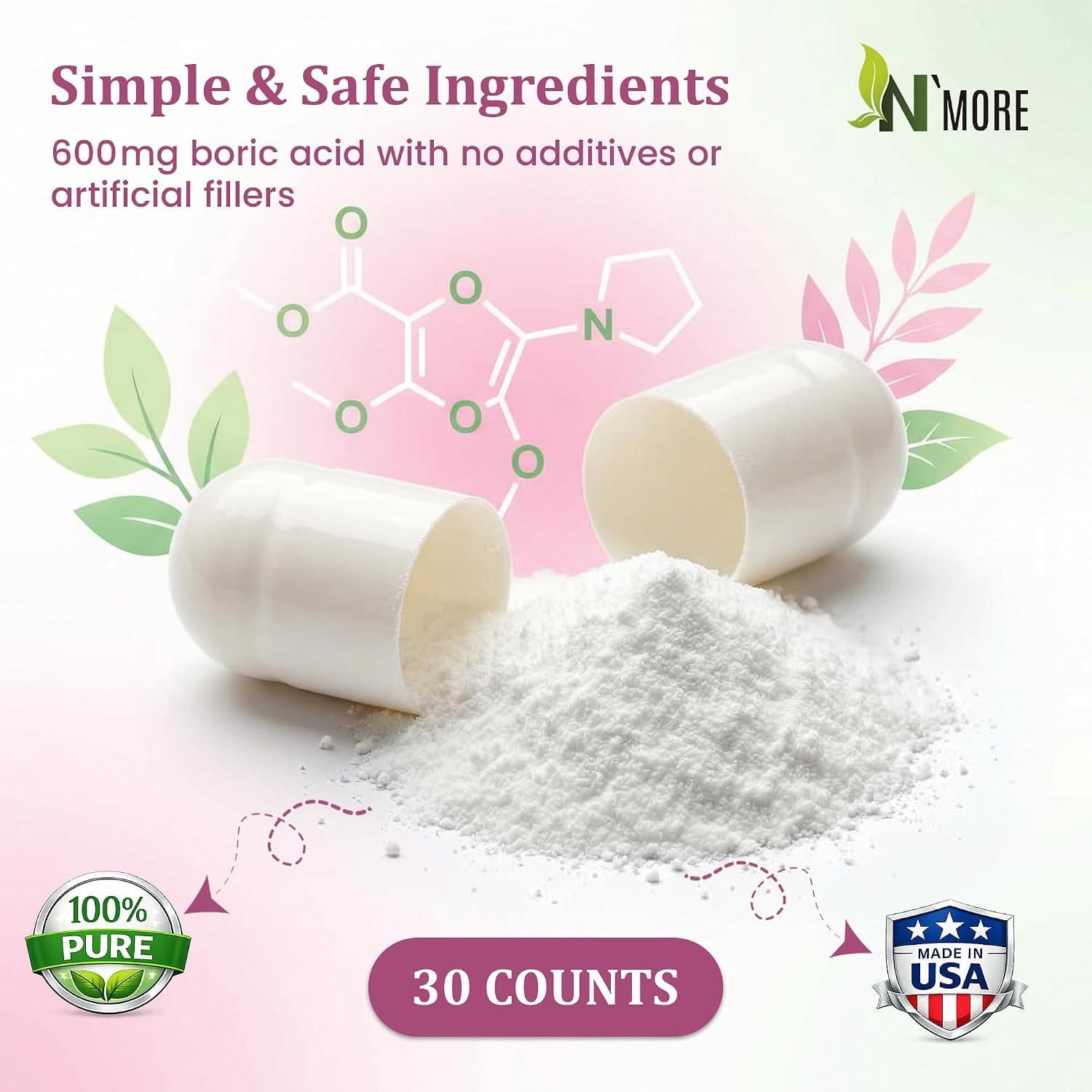 شیاف واژینال اسید بوریک N'More، 30 عدد، 600mg شیاف واژینال اسید بوریک N'More، 30 عدد، 600mg