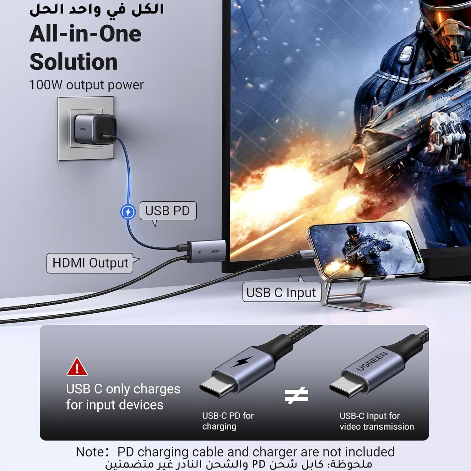 کابل USB C به HDMI چهارکی UGREEN با شارژ سریع PD 100W مدل 2M کابل USB C به HDMI چهارکی UGREEN با شارژ سریع PD 100W مدل 2M