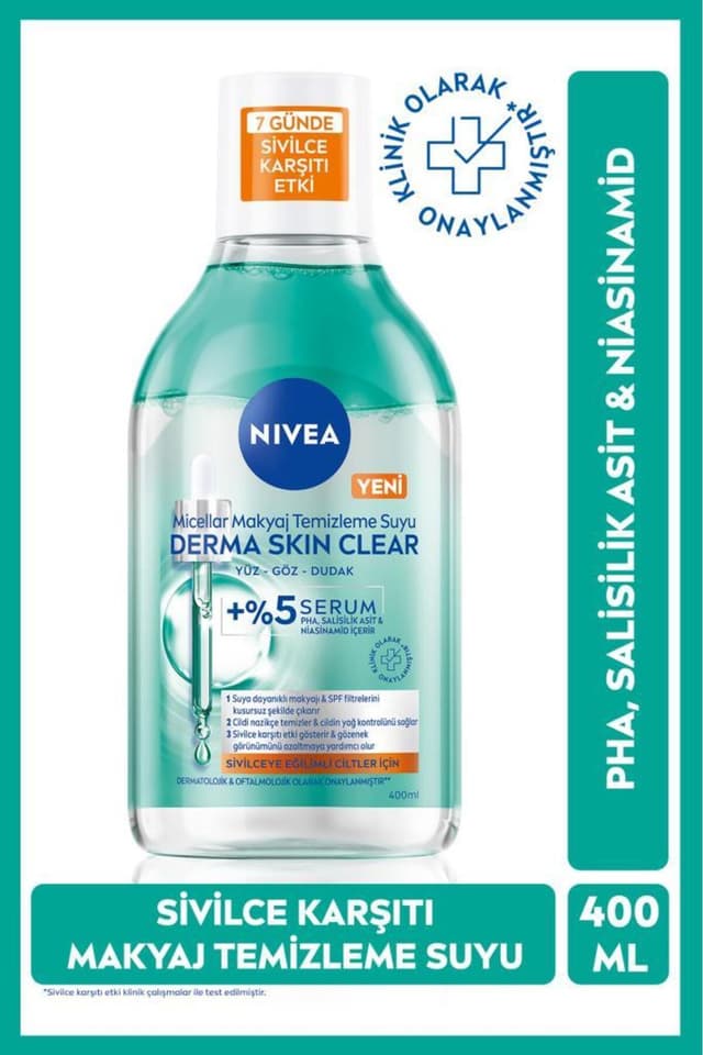 آب میسلار پاککننده آرایش NIVEA Derma Skin Clear ضدجوش حاوی نیاسینامید، اسید سالیسیلیک و PHA 400 ml آب میسلار پاککننده آرایش NIVEA Derma Skin Clear ضدجوش حاوی نیاسینامید، اسید سالیسیلیک و PHA 400 ml