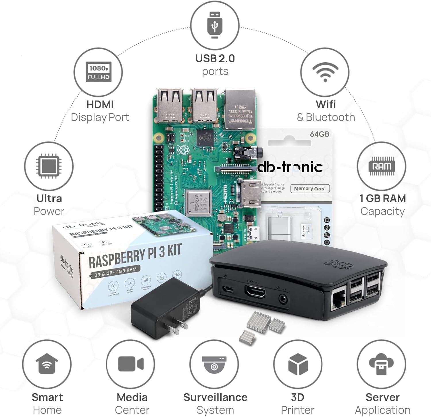 کیت استارتر Raspberry Pi 3 B+ 1GB db-tronic با 64GB، منبع تغذیه، کیس کیت استارتر Raspberry Pi 3 B+ 1GB db-tronic با 64GB، منبع تغذیه، کیس