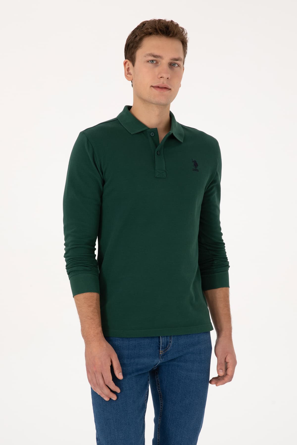 سوئیشرت مردانه U.S. Polo Assn. فیت اسلیم یقهدار سبز تیره بیسیک مدل 50307687-VR079 سوئیشرت مردانه U.S. Polo Assn. فیت اسلیم یقهدار سبز تیره بیسیک مدل 50307687-VR079