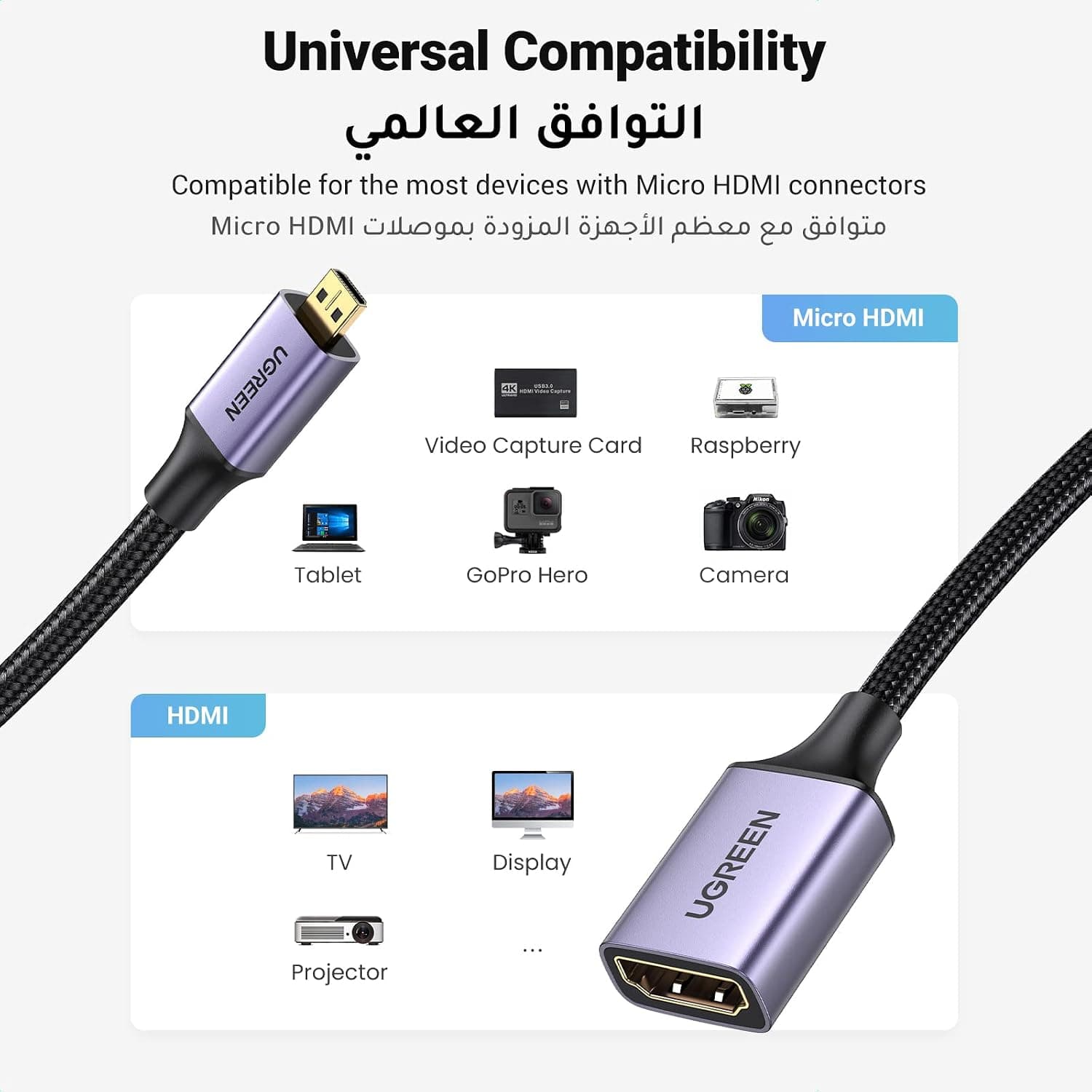 کابل UGREEN Micro HDMI به HDMI نر به ماده 4K برای GoPro 0.25M کابل UGREEN Micro HDMI به HDMI نر به ماده 4K برای GoPro 0.25M