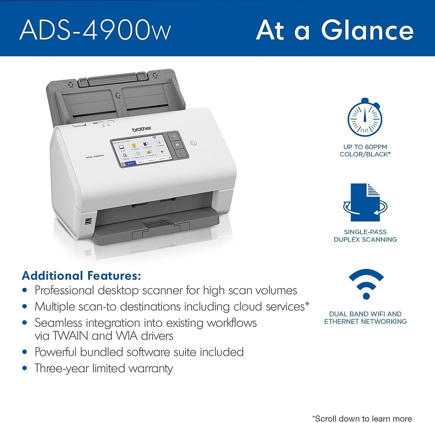 اسکنر رومیزی حرفهای BROTHER دوطرفه بیسیم با سرعت اسکن بالا و نمایشگر لمسی بزرگ سفید مدل ADS-4900W اسکنر رومیزی حرفهای BROTHER دوطرفه بیسیم با سرعت اسکن بالا و نمایشگر لمسی بزرگ سفید مدل ADS-4900W