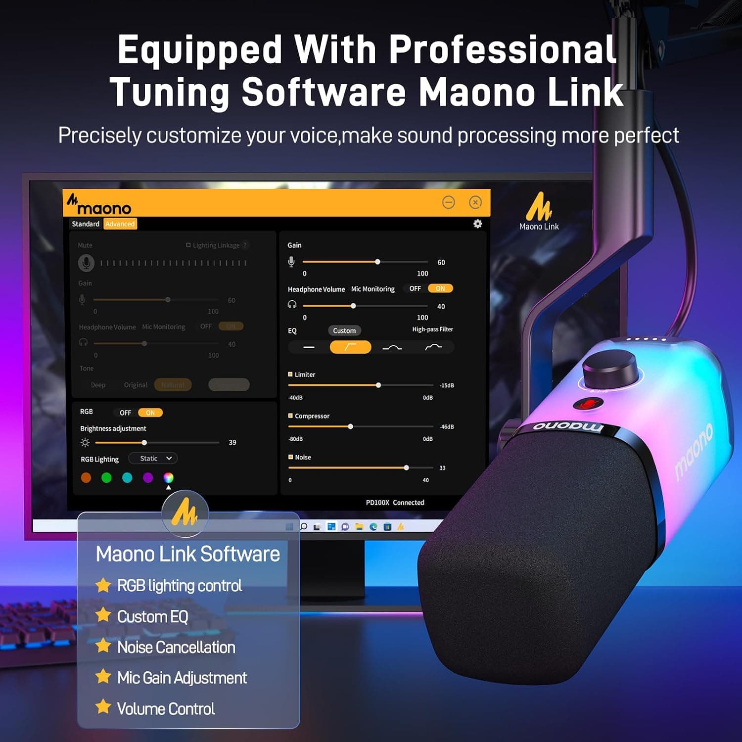 میکروفون دینامیک گیمینگ MAONO با اتصال XLR/USB و RGB مدل PD100X میکروفون دینامیک گیمینگ MAONO با اتصال XLR/USB و RGB مدل PD100X