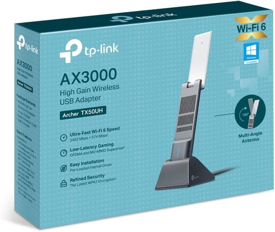 آداپتور USB دو بانده TP-Link با Wi-Fi 6، AX3000Mbps، USB 3.0، WPA3، Beamforming و MU-MIMO مدل Archer TX50UH آداپتور USB دو بانده TP-Link با Wi-Fi 6، AX3000Mbps، USB 3.0، WPA3، Beamforming و MU-MIMO مدل Archer TX50UH