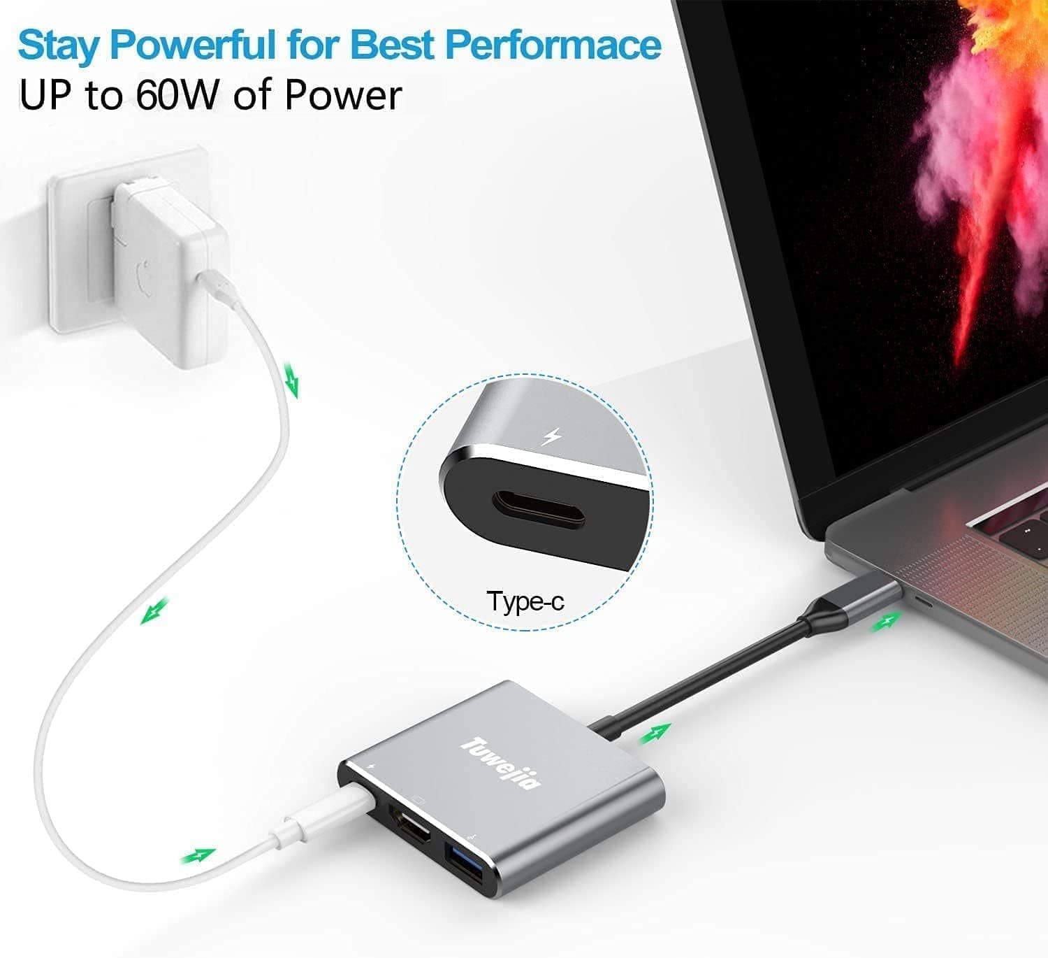 آداپتور چندمنظوره Tuwejia USB C به HDMI با خروجی HDMI 4K، USB 3.0 و شارژ USB-C سازگار با MacBook/MacBook Pro/Chr آداپتور چندمنظوره Tuwejia USB C به HDMI با خروجی HDMI 4K، USB 3.0 و شارژ USB-C سازگار با MacBook/MacBook Pro/Chr
