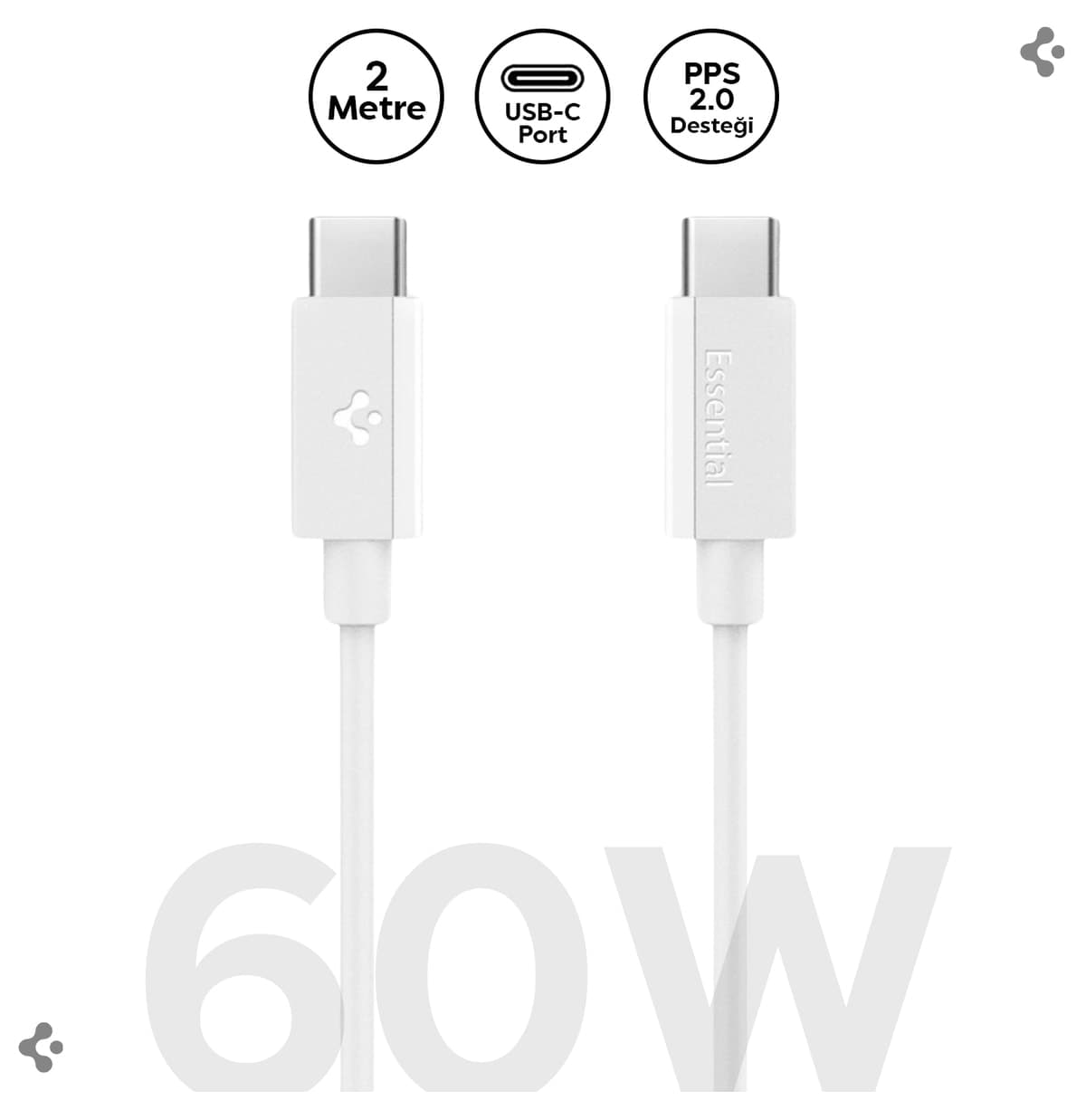 کابل USB-C به USB-C Spigen 2 متری 60W سفید مدل ACA08719 کابل USB-C به USB-C Spigen 2 متری 60W سفید مدل ACA08719