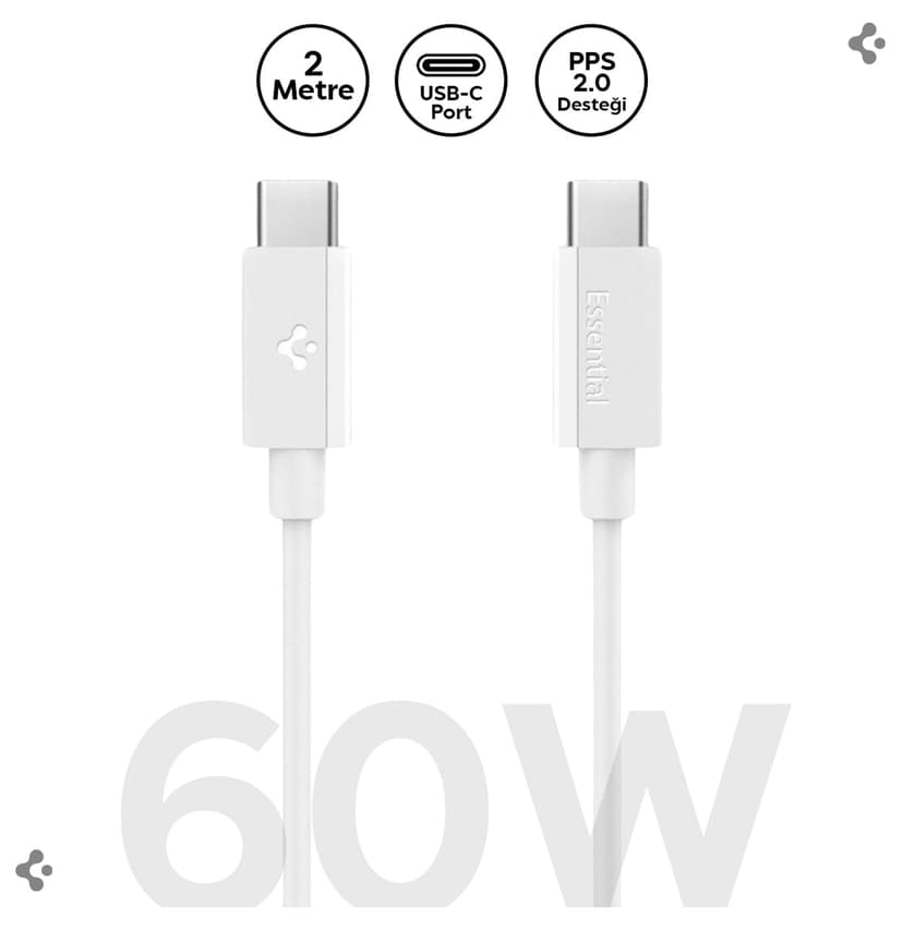 کابل USB-C به USB-C Spigen 2 متری 60W سفید مدل ACA08719 کابل USB-C به USB-C Spigen 2 متری 60W سفید مدل ACA08719