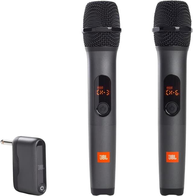 سیستم میکروفون بیسیم دوگانه JBL با گیرنده UHF دوکاناله قابلشارژ، 6H، باتری AA قابلتعویض، مشکی، مدل JBLWIRELESSMIC، Bluetooth سیستم میکروفون بیسیم دوگانه JBL با گیرنده UHF دوکاناله قابلشارژ، 6H، باتری AA قابلتعویض، مشکی، مدل JBLWIRELESSMIC، Bluetooth