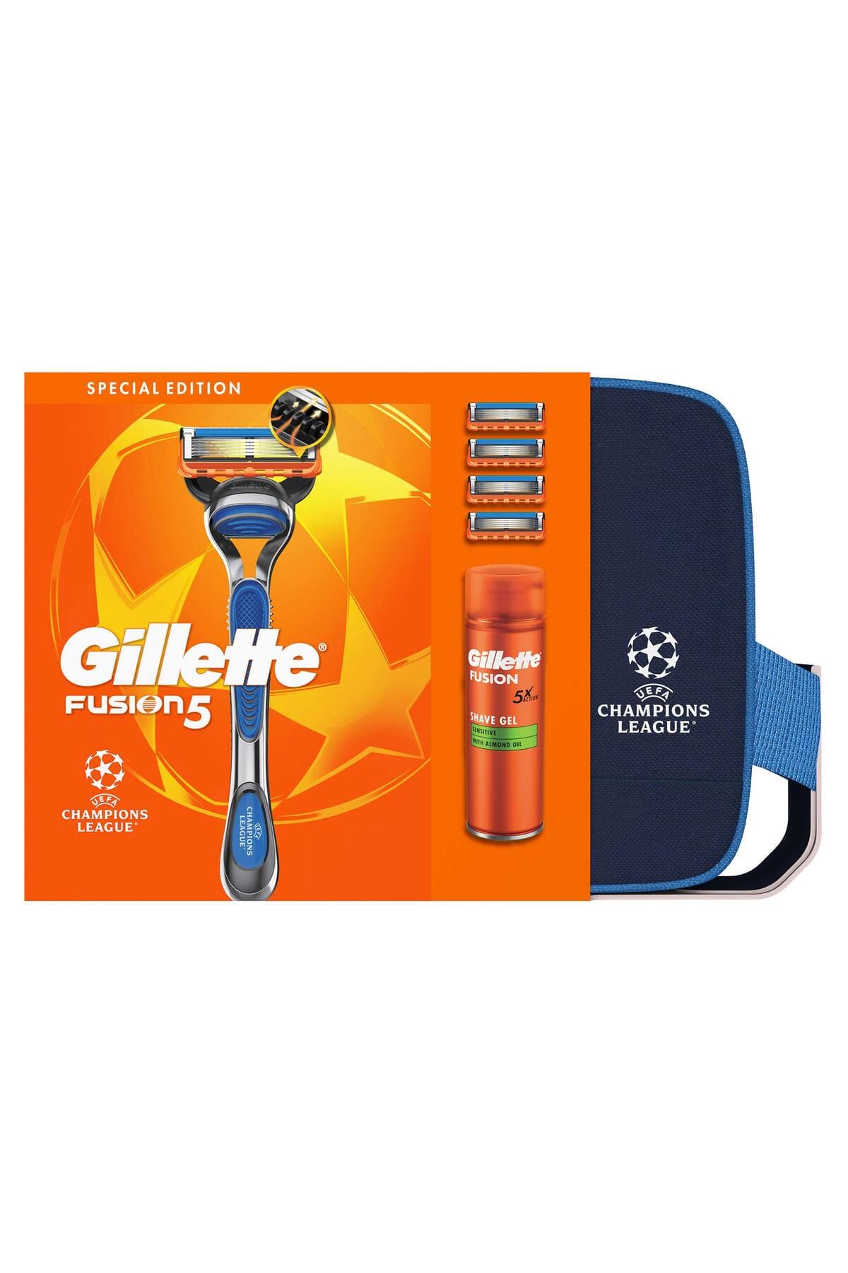 ست خودتراش مردانه Gillette Fusion5 نسخه ویژه UEFA Champions League با 4 تیغ یدک و ژل اصلاح 200ml ست خودتراش مردانه Gillette Fusion5 نسخه ویژه UEFA Champions League با 4 تیغ یدک و ژل اصلاح 200ml