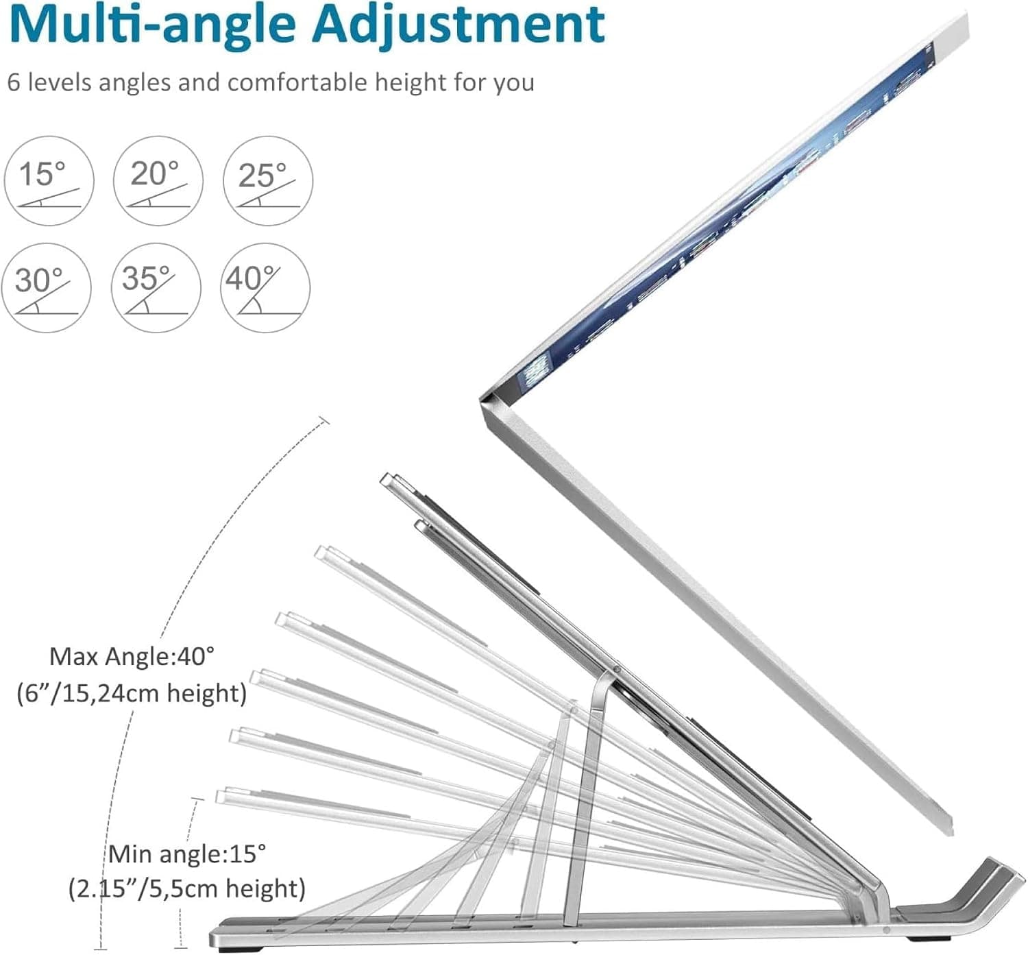 پایه لپتاپ رومیزی تنظیمشونده آلومینیومی تاشو نقرهای سازگار با MacBook، Dell و HP 27x5.5x2.5cm پایه لپتاپ رومیزی تنظیمشونده آلومینیومی تاشو نقرهای سازگار با MacBook، Dell و HP 27x5.5x2.5cm