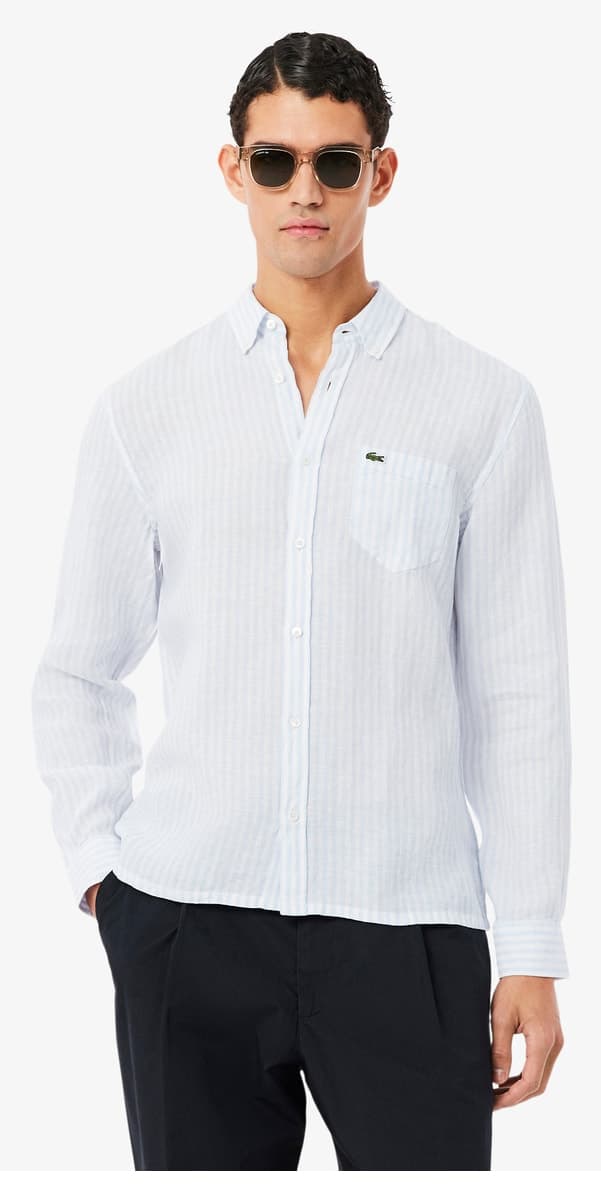 پیراهن مردانه Lacoste کتان آبی راهراه با یقه دکمهدار و فیت معمولی پیراهن مردانه Lacoste کتان آبی راهراه با یقه دکمهدار و فیت معمولی