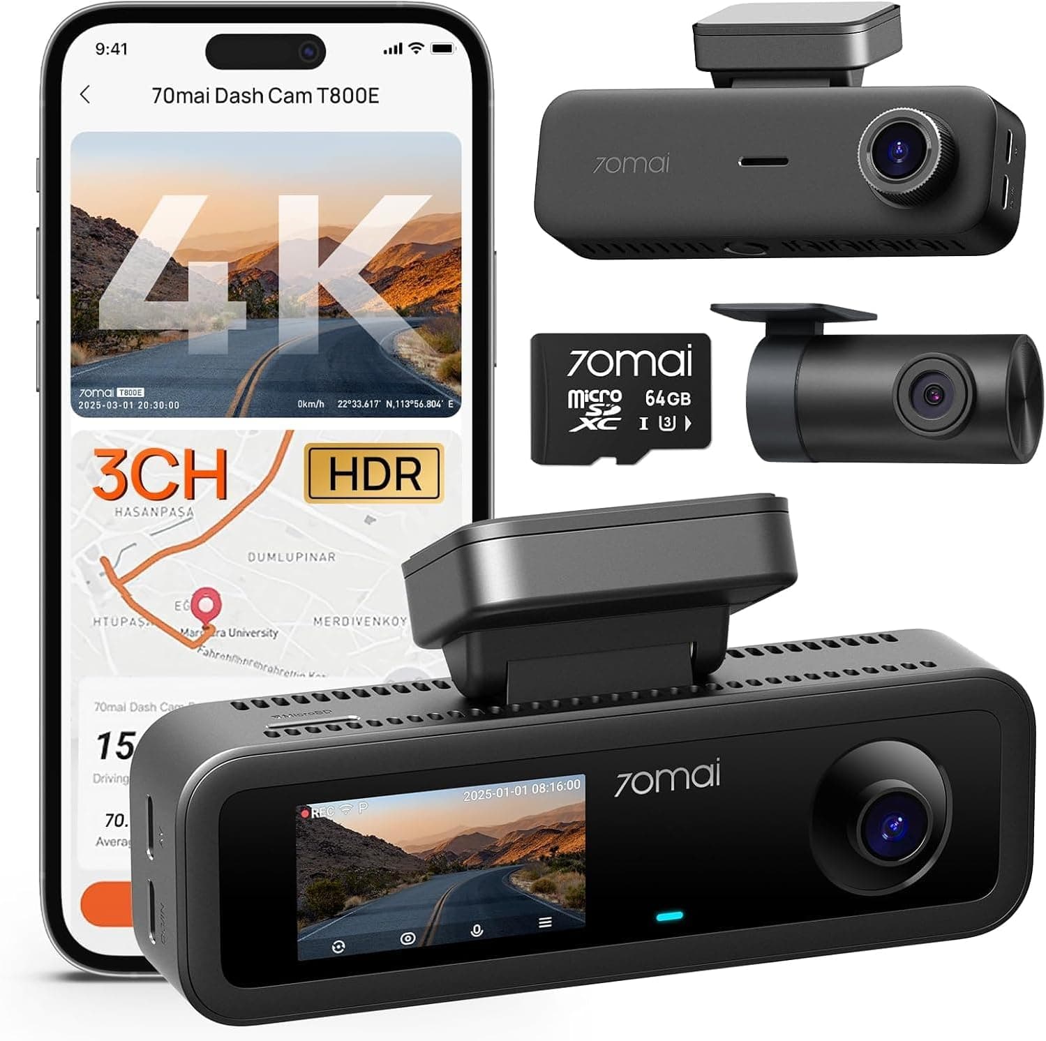 دوربین داشبورد 70mai سه کاناله 4K جلو، عقب، داخل کابین با GPS دوربین داشبورد 70mai سه کاناله 4K جلو، عقب، داخل کابین با GPS