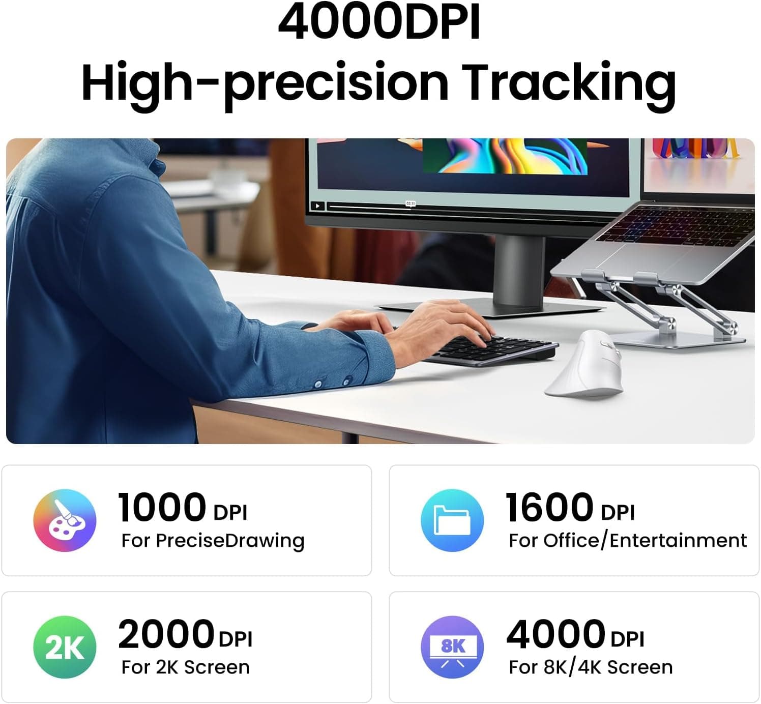 ماوس عمودی ارگونومیک UGREEN بیسیم اپتیکال 2.4 GHz با بلوتوث، 4 سطح DPI قابل تنظیم 1000/1600/2000/4000 ماوس عمودی ارگونومیک UGREEN بیسیم اپتیکال 2.4 GHz با بلوتوث، 4 سطح DPI قابل تنظیم 1000/1600/2000/4000