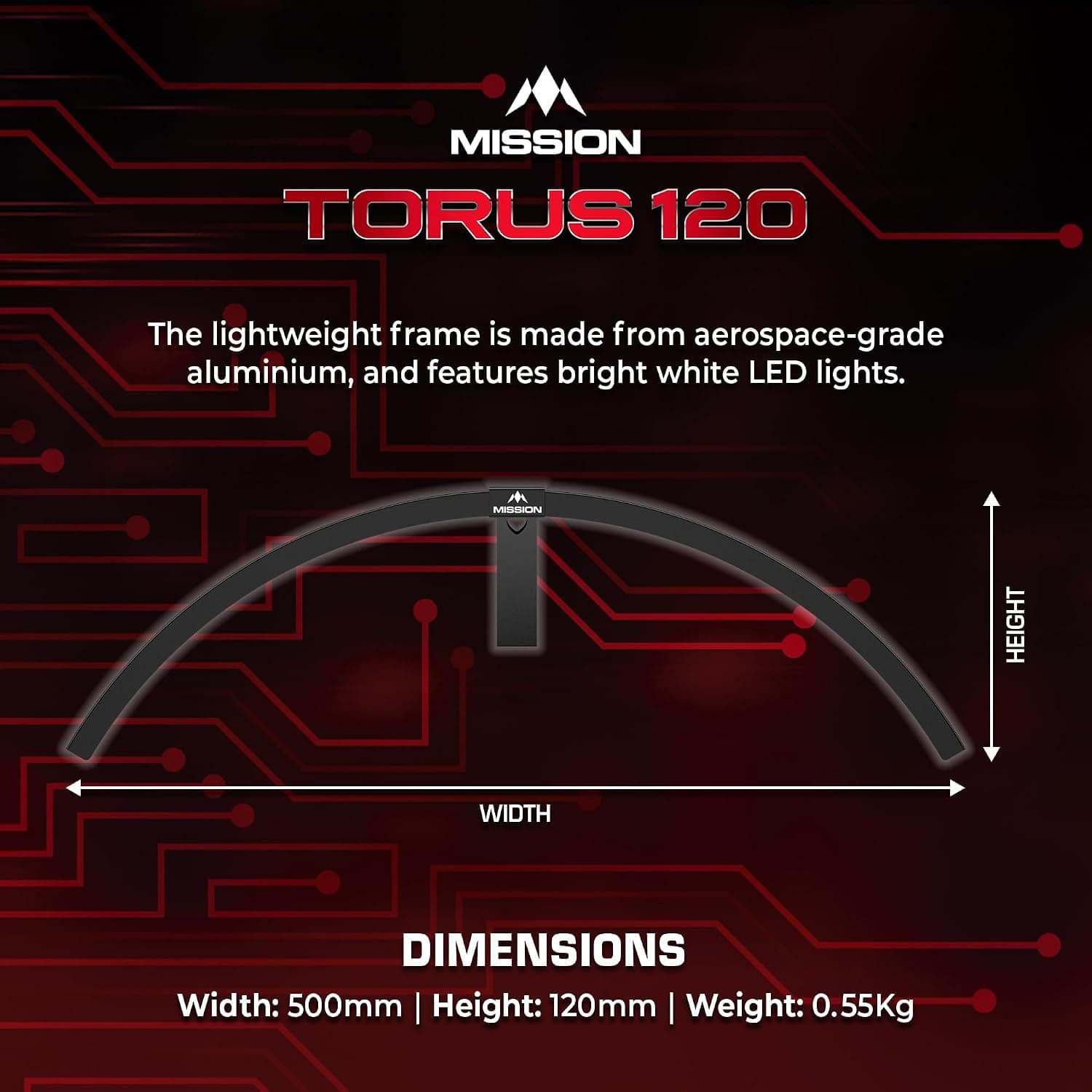 سیستم نورپردازی صفحه دارت Mission Darts مدل Torus 120° با LED سفید روشن، قابل حمل و USB C سیستم نورپردازی صفحه دارت Mission Darts مدل Torus 120° با LED سفید روشن، قابل حمل و USB C