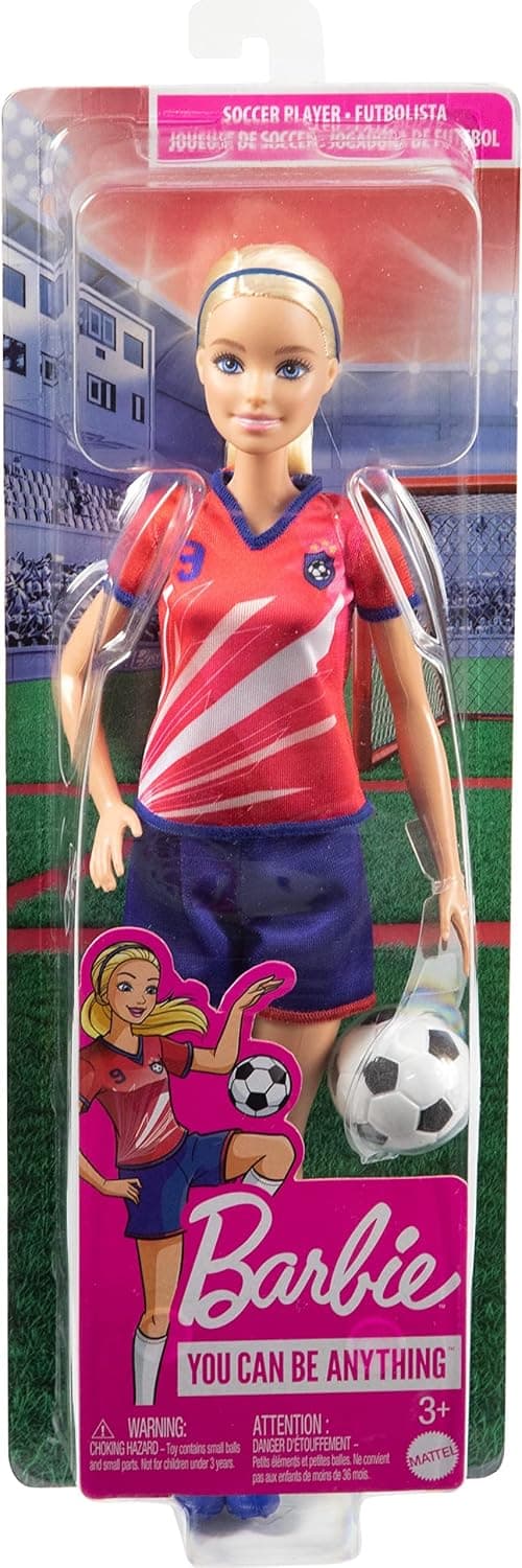 عروسک فوتبالیست Barbie بلوند با لباس شماره 9، توپ فوتبال، کفش و جوراب عروسک فوتبالیست Barbie بلوند با لباس شماره 9، توپ فوتبال، کفش و جوراب