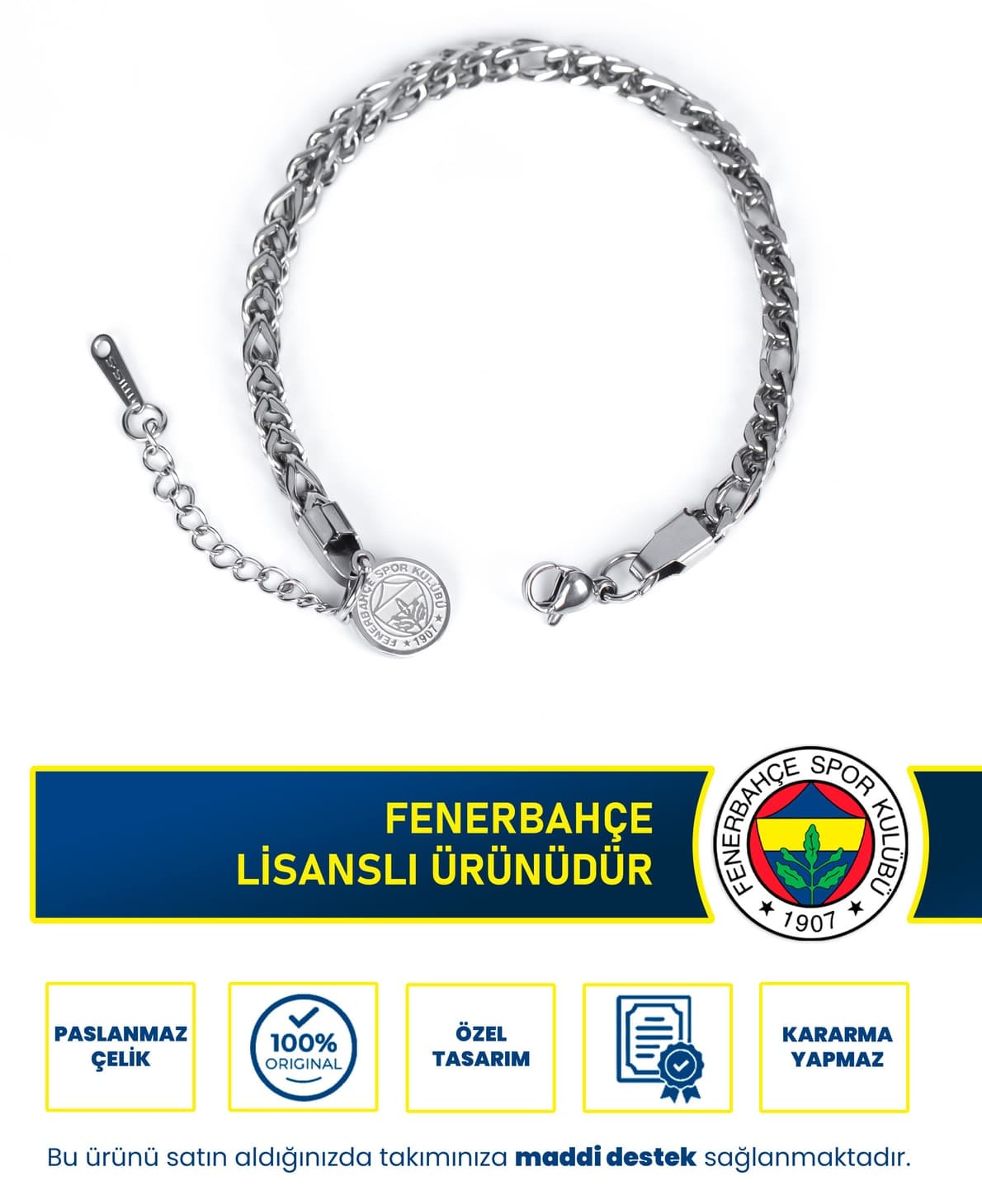 دستبند زنانه Fenerbahçe فولادی باریک قابل تنظیم 19 cm خاکستری لایسنسدار مدل FB دستبند زنانه Fenerbahçe فولادی باریک قابل تنظیم 19 cm خاکستری لایسنسدار مدل FB
