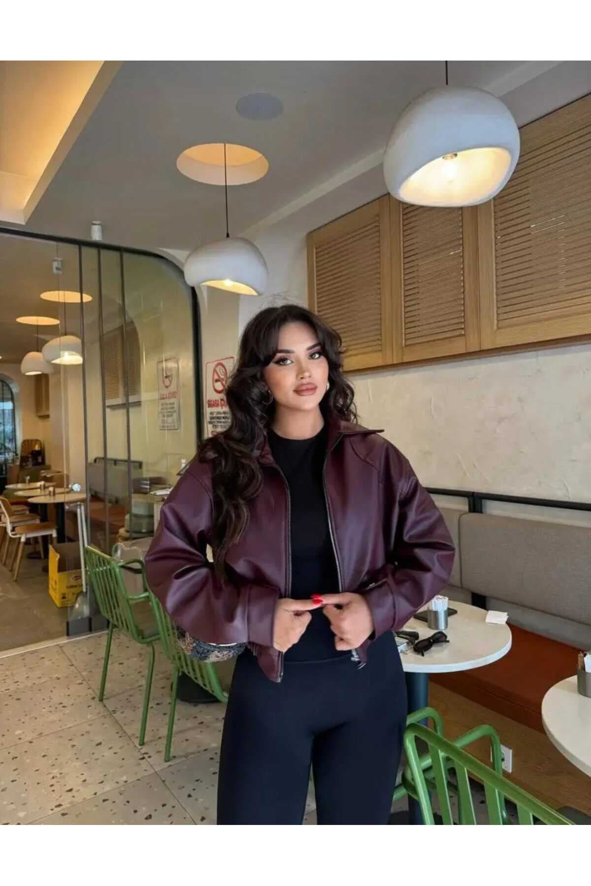 ژاکت زنانه MODA DURAĞI چرمی Bomber ژاکت زنانه MODA DURAĞI چرمی Bomber