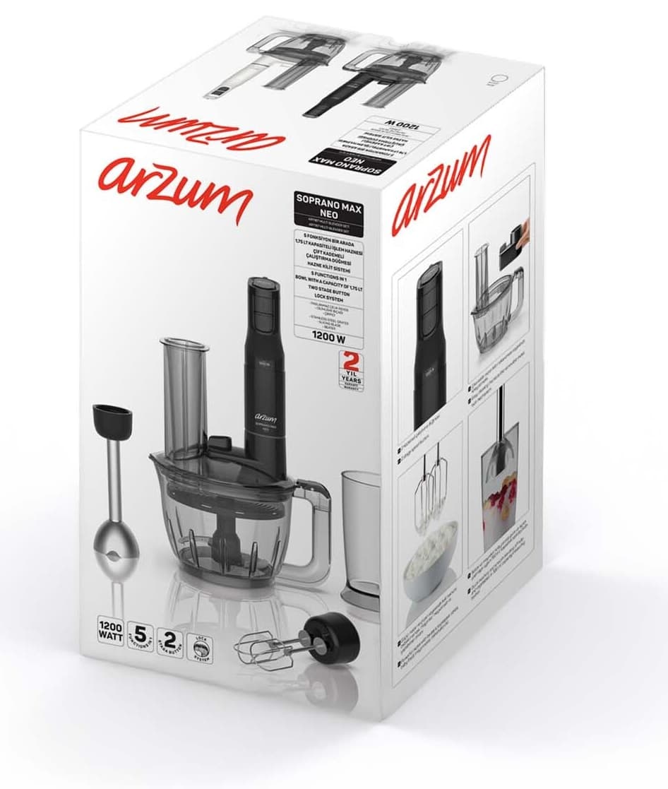 ست مخلوطکن 5 کاره Arzum مدل AR1187 Soprano Max Neo 1200W سفید ست مخلوطکن 5 کاره Arzum مدل AR1187 Soprano Max Neo 1200W سفید