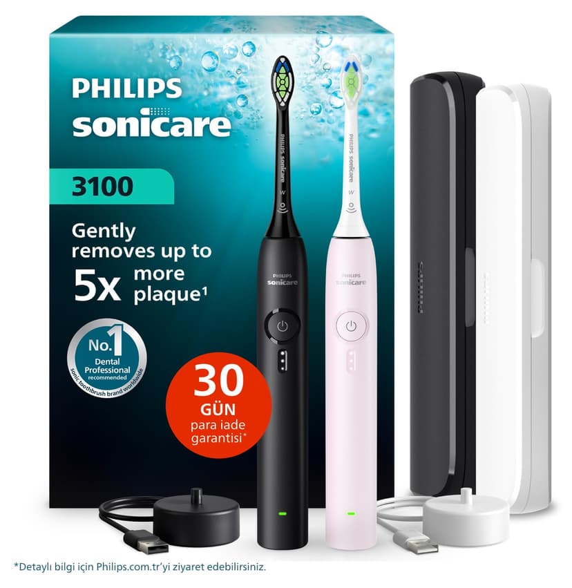 مسواک برقی دوتایی Philips Sonicare 3100 مشکی و صورتی پودری با 2 پایه شارژ مدل HX4072/42 مسواک برقی دوتایی Philips Sonicare 3100 مشکی و صورتی پودری با 2 پایه شارژ مدل HX4072/42