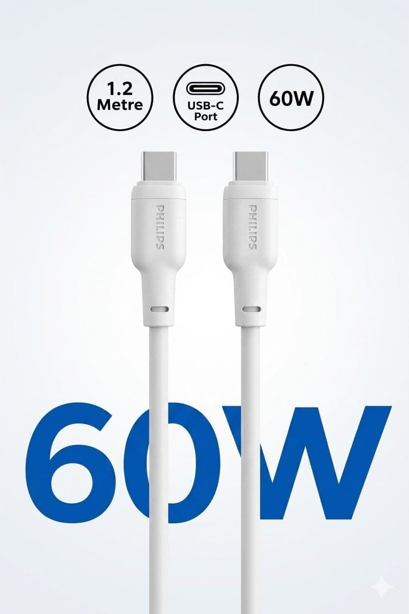 کابل شارژ سریع USB-C مردانه PHILIPS 60W PD روکش سیلیکونی 1.2 متر سفید کابل شارژ سریع USB-C مردانه PHILIPS 60W PD روکش سیلیکونی 1.2 متر سفید