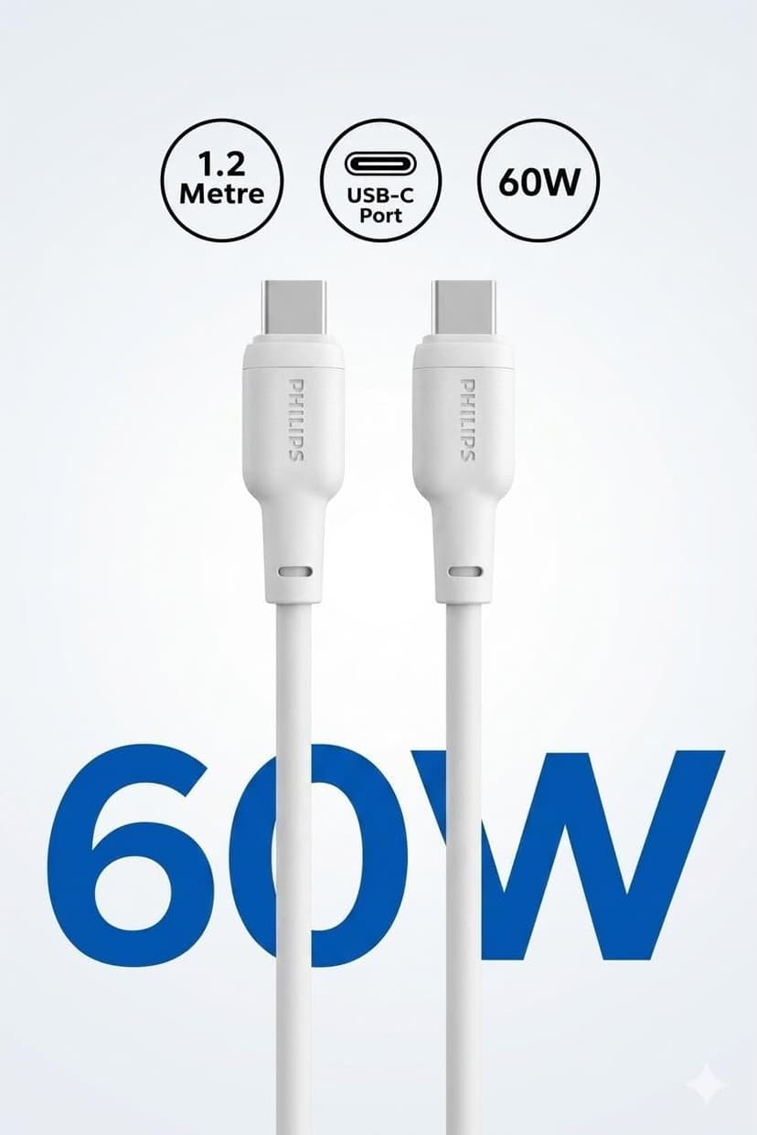 کابل شارژ سریع USB-C مردانه PHILIPS 60W PD روکش سیلیکونی 1.2 متر سفید کابل شارژ سریع USB-C مردانه PHILIPS 60W PD روکش سیلیکونی 1.2 متر سفید