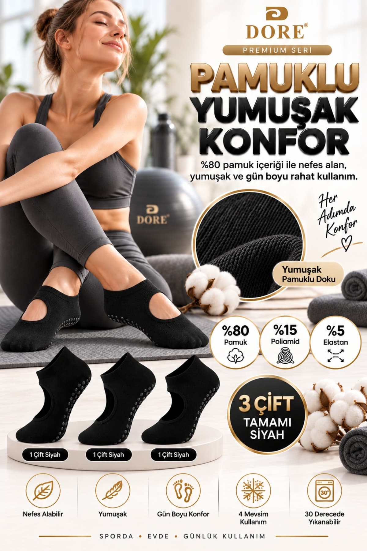 جوراب زنانه DORE ضدلغزش نخی Pilates Yoga سایز استاندارد 36-42 مشکی 3 جفت جوراب زنانه DORE ضدلغزش نخی Pilates Yoga سایز استاندارد 36-42 مشکی 3 جفت