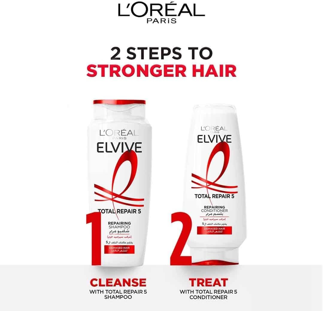 شامپو و نرمکننده L’Oréal Paris Elvive Total Repair 5 ترمیمکننده موهای آسیبدیده و دارای موخوره 400ml + 360ml شامپو و نرمکننده L’Oréal Paris Elvive Total Repair 5 ترمیمکننده موهای آسیبدیده و دارای موخوره 400ml + 360ml