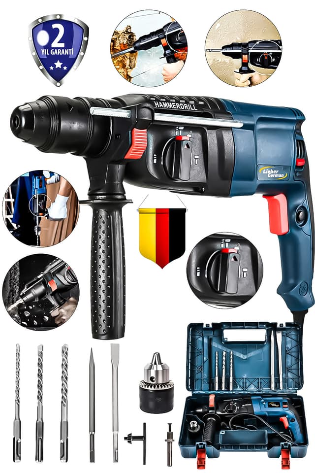 دریل چکشی تخریب و سوراخکاری سیمدار Lieber German با سیمپیچ مسی 2.30mm و توان 7 Joule به همراه 5 مته دریل چکشی تخریب و سوراخکاری سیمدار Lieber German با سیمپیچ مسی 2.30mm و توان 7 Joule به همراه 5 مته
