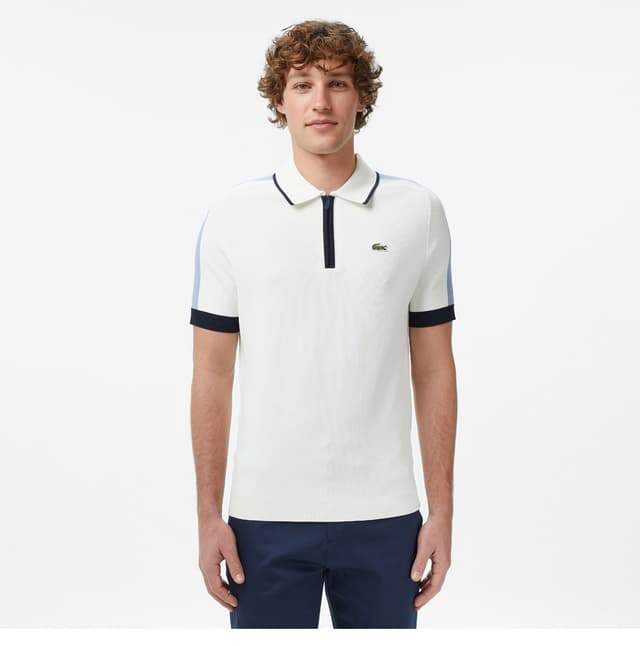 بافت مردانه Lacoste فیت کلاسیک آستین کوتاه یقه نیمزیپ سفید بافت مردانه Lacoste فیت کلاسیک آستین کوتاه یقه نیمزیپ سفید