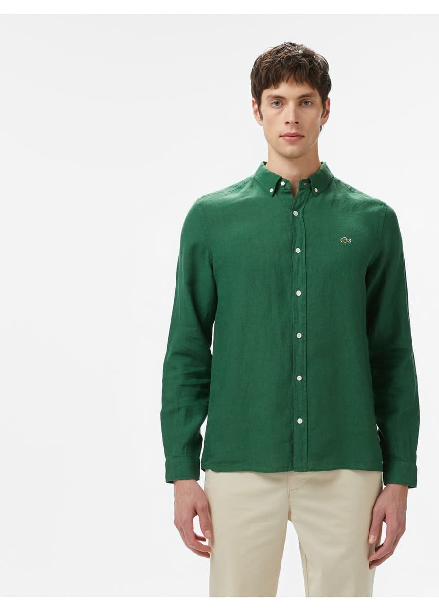 پیراهن مردانه Lacoste یقه دکمهدار کتان سبز تیره فیت معمولی پیراهن مردانه Lacoste یقه دکمهدار کتان سبز تیره فیت معمولی