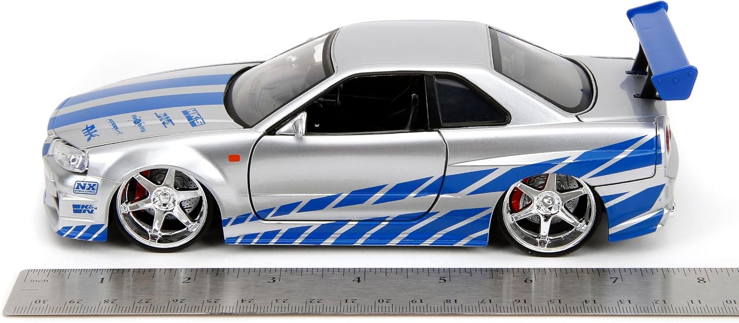 ماشین فلزی Jada از مجموعه Fast & Furious مدل 2002 Nissan Skyline R34، مقیاس 1:24، نقرهای و آبی ماشین فلزی Jada از مجموعه Fast & Furious مدل 2002 Nissan Skyline R34، مقیاس 1:24، نقرهای و آبی