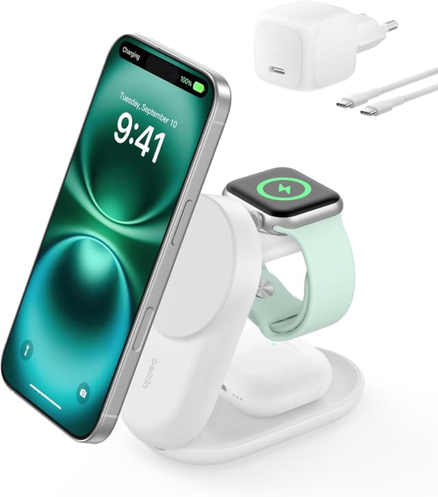 شارژر بیسیم 3 در 1 Belkin UltraCharge سازگار با MagSafe Qi2 25W سفید شارژر بیسیم 3 در 1 Belkin UltraCharge سازگار با MagSafe Qi2 25W سفید