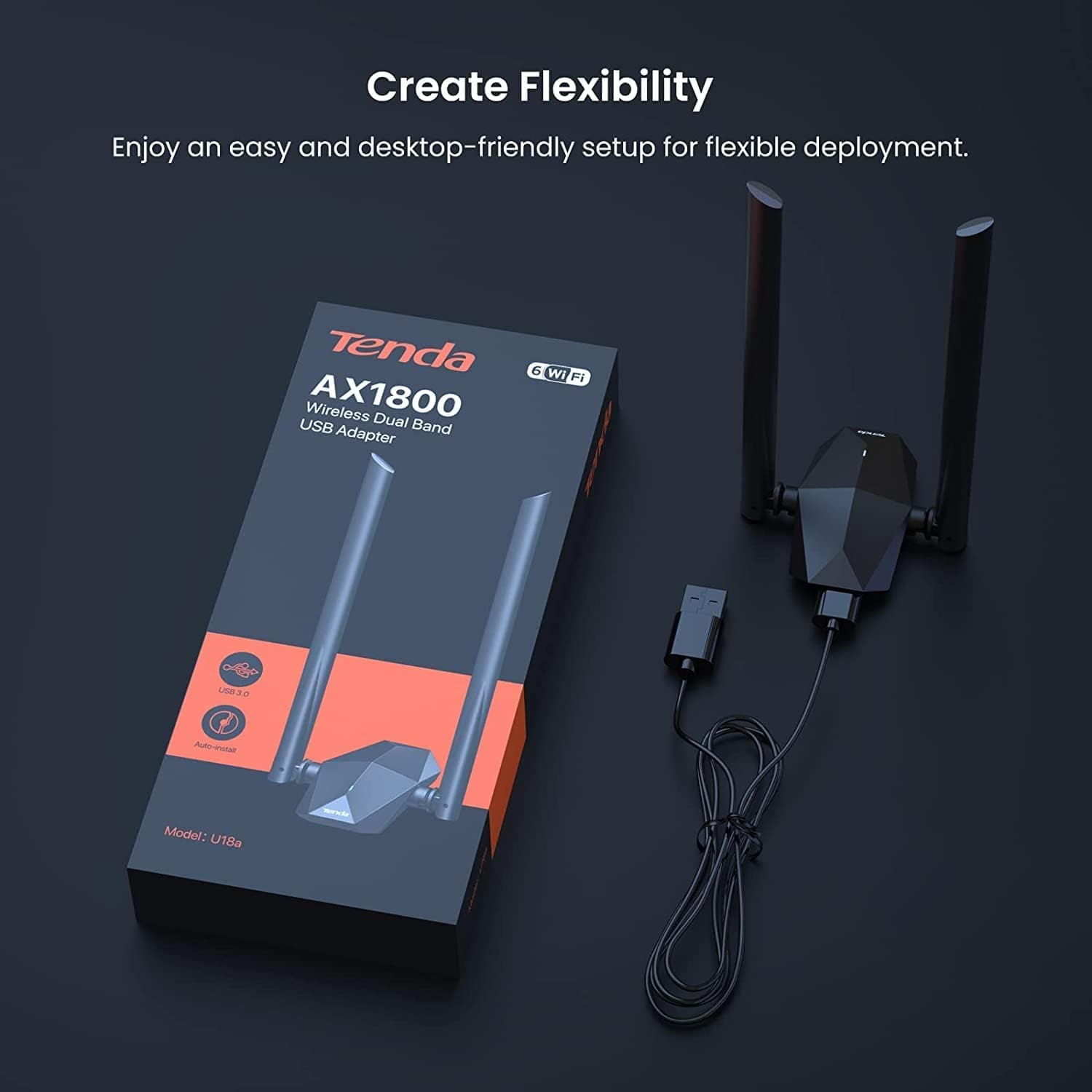 آداپتور Wi-Fi 6 USB 3.0 دو بانده Tenda مدل U18a AX1800 مشکی آداپتور Wi-Fi 6 USB 3.0 دو بانده Tenda مدل U18a AX1800 مشکی
