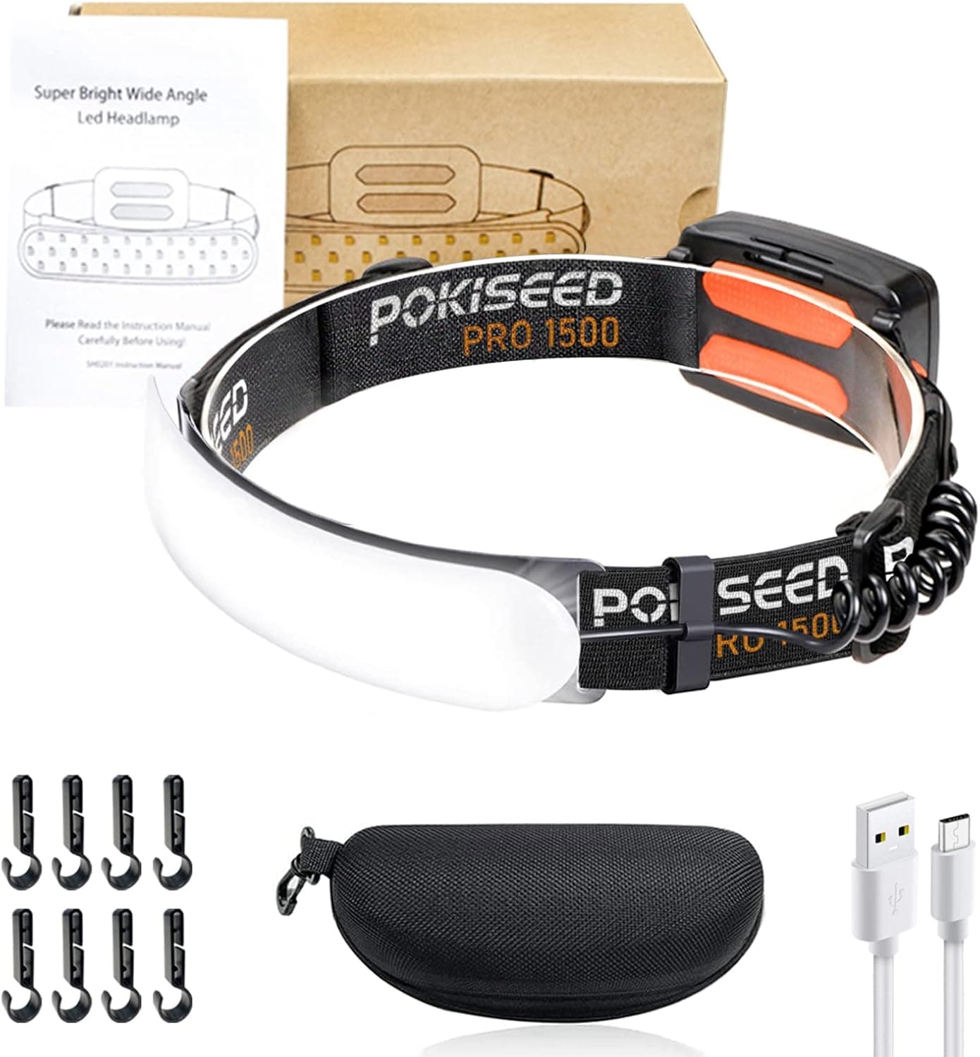 چراغ پیشانی شارژی POKISEED با نور 1500 لومن، پرتو 230°، 3 حالت، IPX6، چراغ عقب و گیره چراغ پیشانی شارژی POKISEED با نور 1500 لومن، پرتو 230°، 3 حالت، IPX6، چراغ عقب و گیره