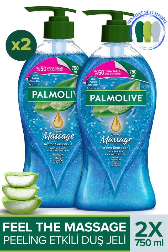 ژل دوش Palmolive Aroma Sensations Feel The Massage با اثر لایهبردار 750 ml x2 عدد + کیت سفر هدیه ژل دوش Palmolive Aroma Sensations Feel The Massage با اثر لایهبردار 750 ml x2 عدد + کیت سفر هدیه